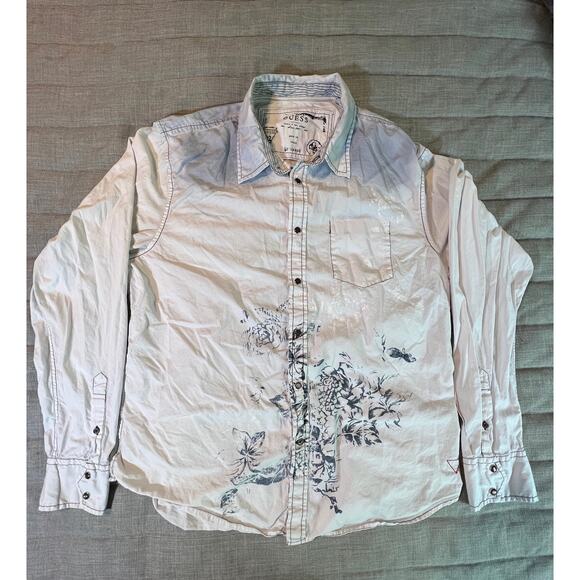 Guess Blue/White Washed, Floral Design Flip Cuff Pearl Button w/Pocket Size XL - Picture 1 of 16